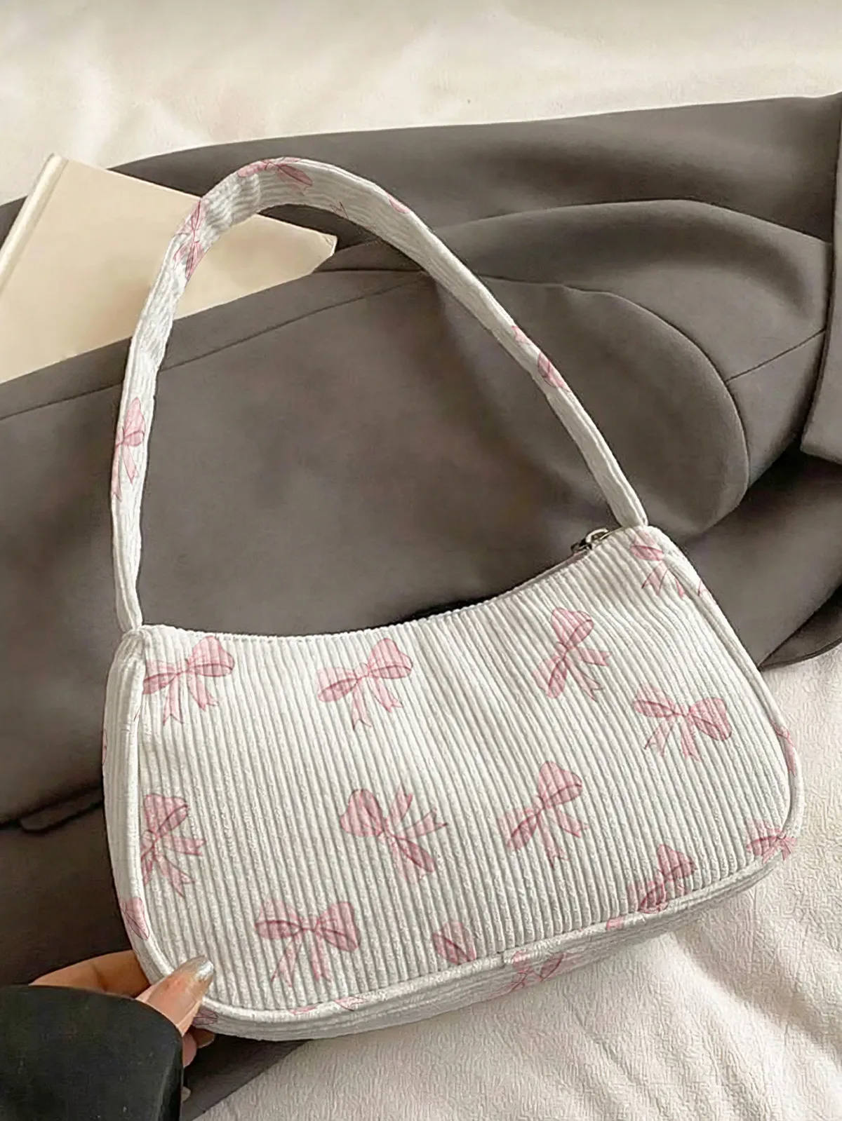 sac à bandoulière tendance imprimé nœud rose, sac sous le bras en velours côtelé beige pour usage quotidien décontracté