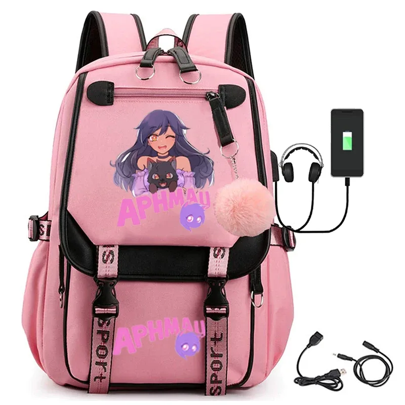 sac dos toile noire broderie fille chat bleu texte aphmau rose bandes latérales cuir sport poche rabat décontracté