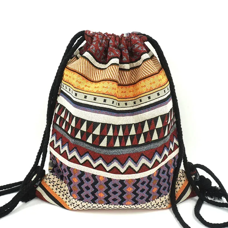 sac à dos en tissu pour femme 2026, style bohème chic, ethnique, tribal, ibiza, gypsy, aztec, doux, marron, avec cordon de serrage