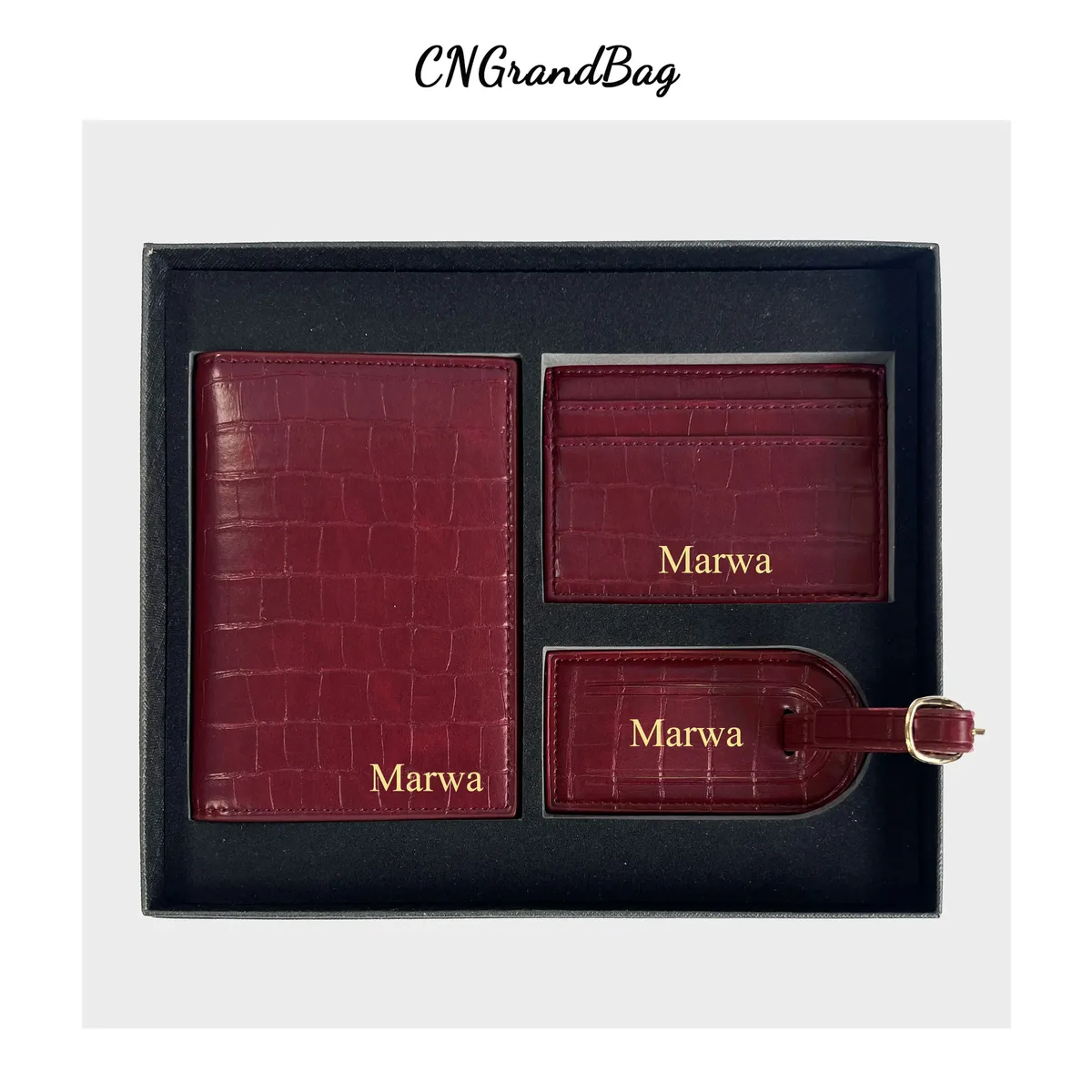 coffret cadeau personnalisé avec initiales gratuites : housse de passeport en cuir de crocodile, étiquette de bagage, porte-cartes, accessoires de voyage