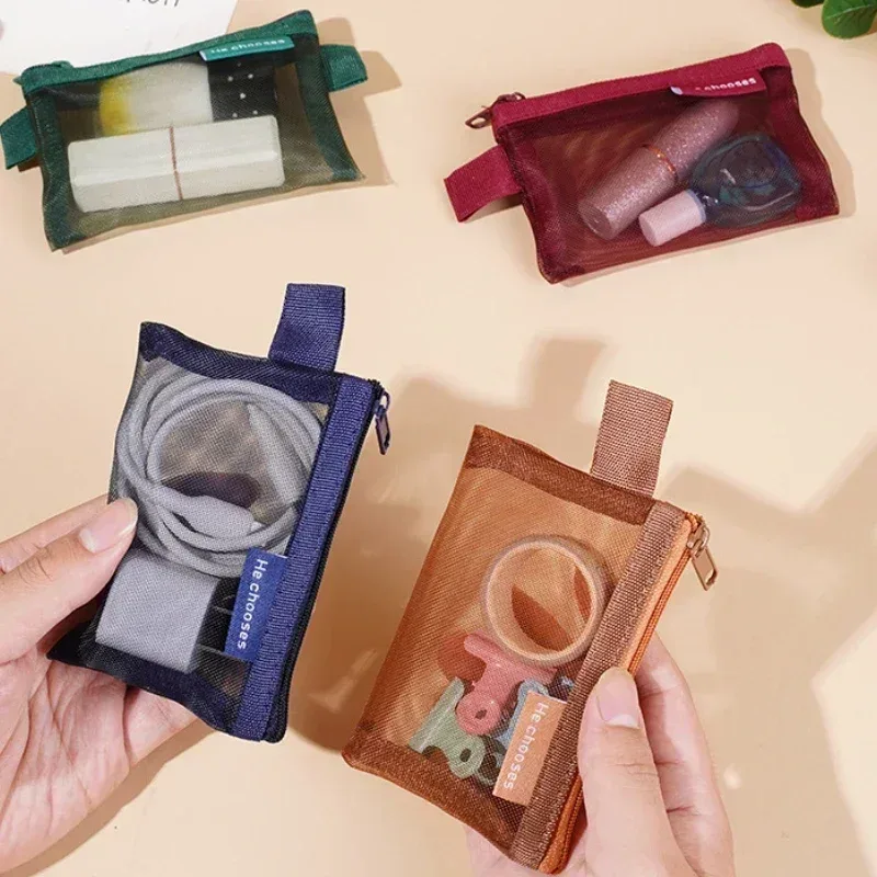 petit sac carré de couleur unie pour pièces de monnaie, maille en nylon, rouge à lèvres, clé, écouteurs, support organisateur, bus, banque, carte d'identité, cartes de crédit, pochette de rangement