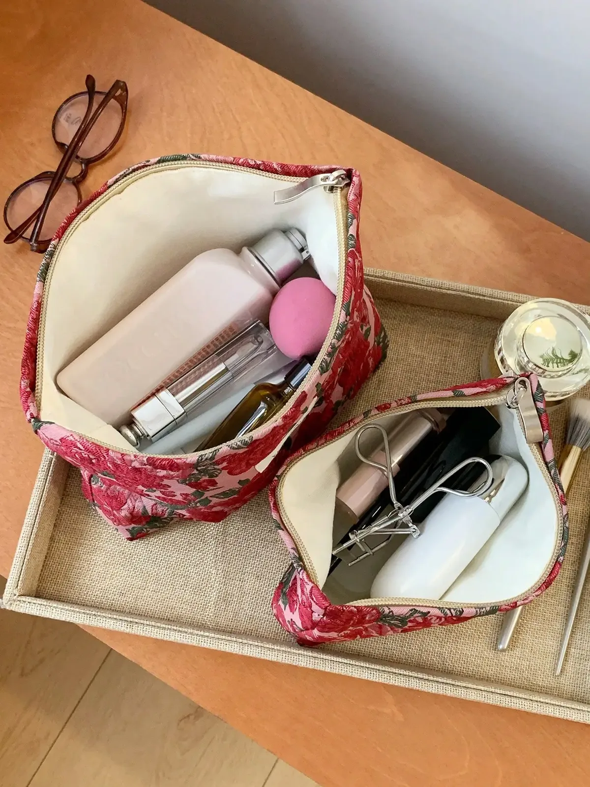 organisateur voyage polyester rose motif floral chaussures maquillage compresseur cube sac compression sacs chaussures pochette housse vêtements