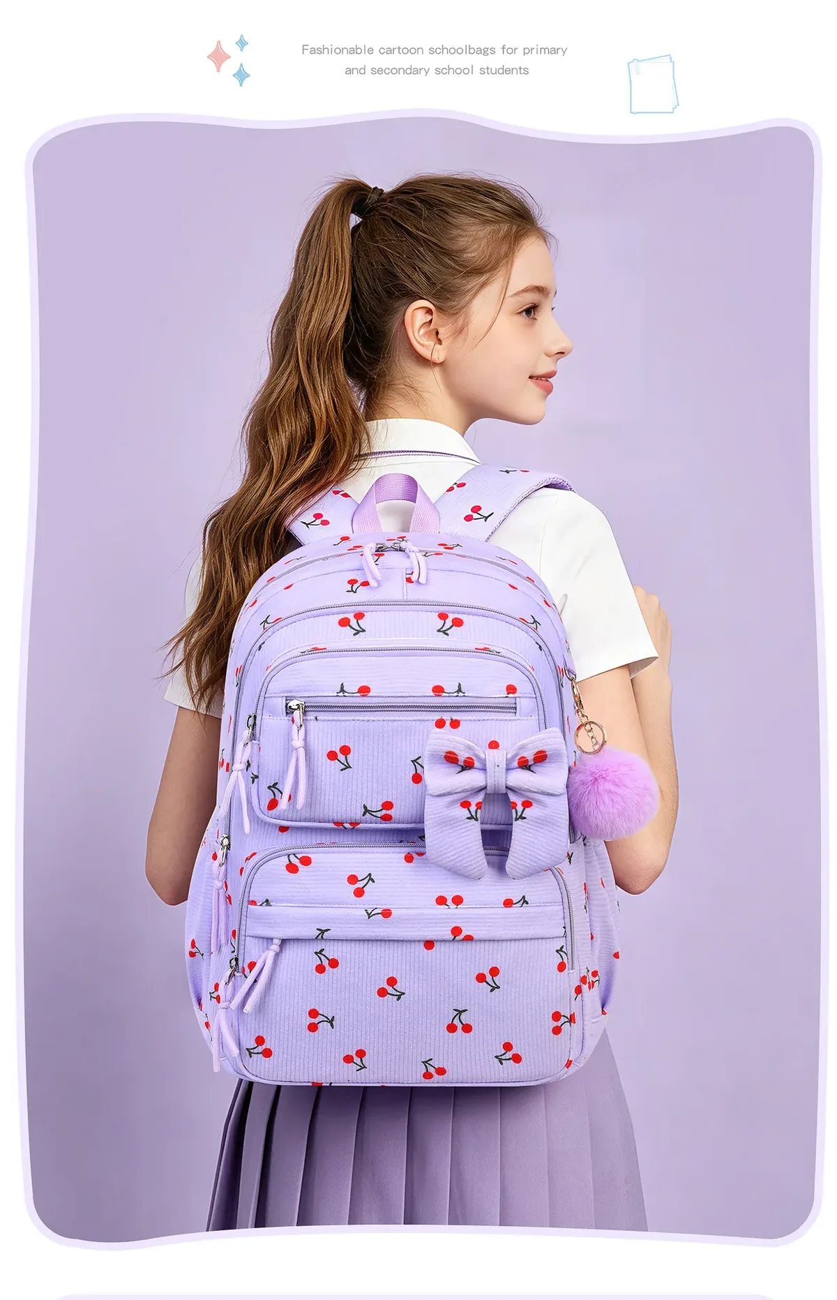 sac dos velours cotelé cerises beige grande capacité casual étudiant set trois pièces école voyage