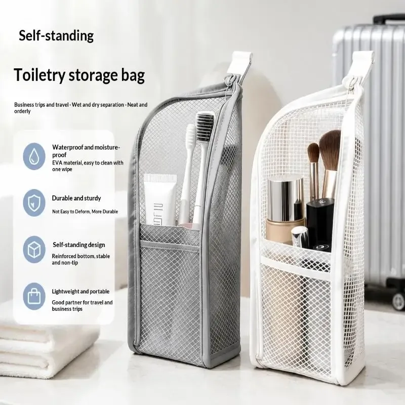 trousse de toilette de voyage en maille respirante avec poches de rangement verticales pour les vacances et les voyages d'affaires