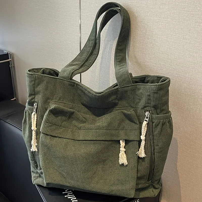 sac fourre-tout en velours côtelé grande capacité pour femme, sac à main multi-compartiments robuste, sac à bandoulière avec sangle fixe et fermeture éclair