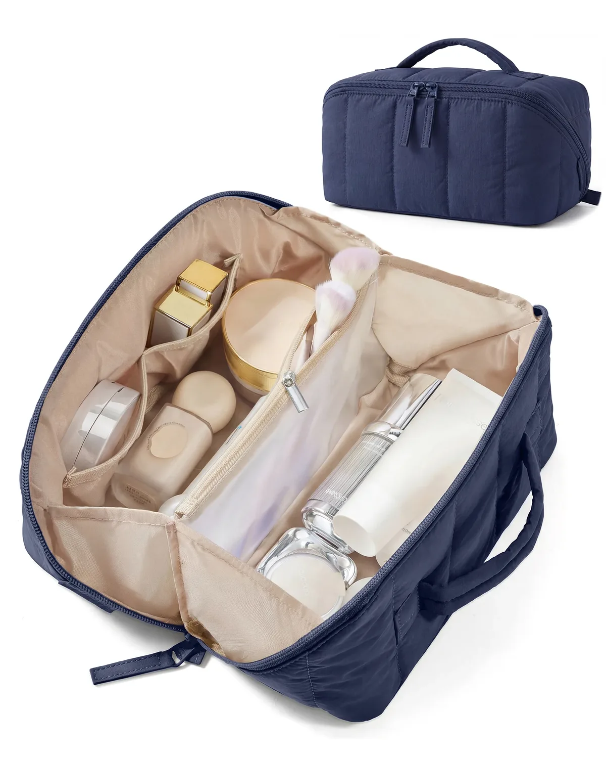 bagsmart trousse de maquillage de voyage matelassée pour femme, ouverture plate, résistante à l'eau, marron, trousse de toilette portable, organiseur de maquillage rembourré