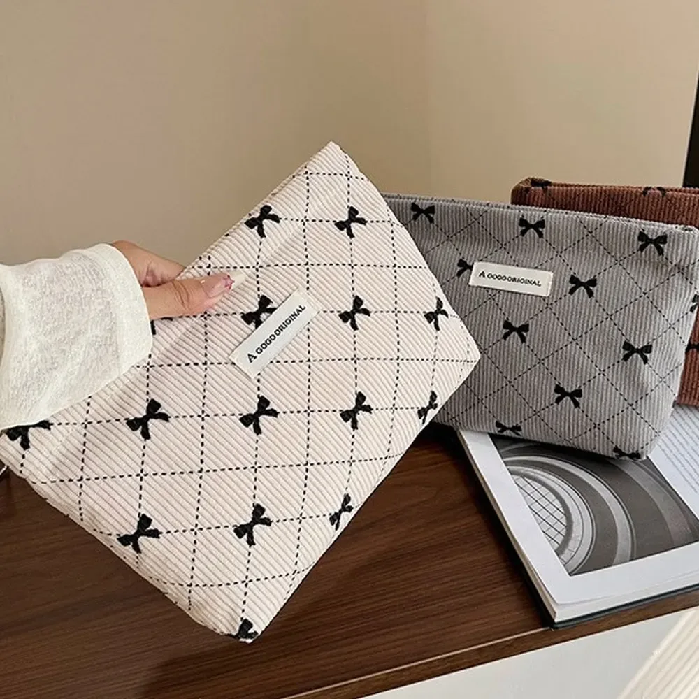 sac de maquillage en velours côtelé avec nœud papillon, sac de rangement portable pour soins de la peau, trousse de toilette