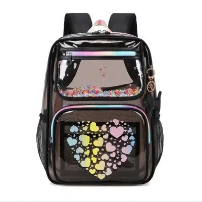 sac à dos transparent en pvc imprimé cœur, pour adolescents, garçons et filles, cartable d'étudiants, grande capacité, étanche, voyage, plage