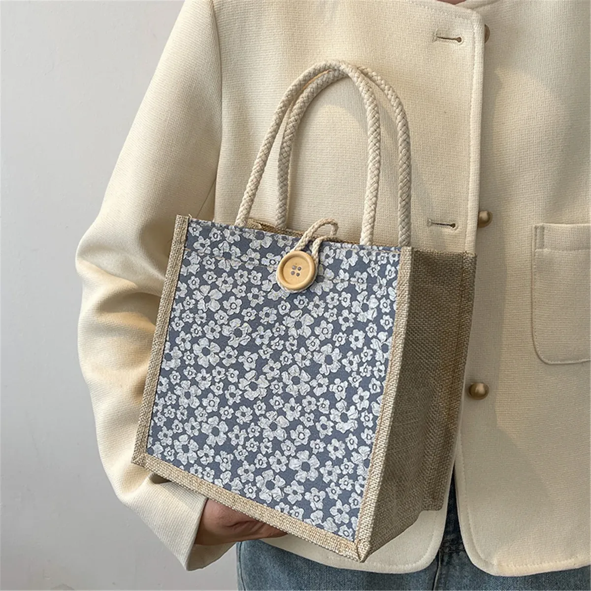 sac fourre-tout en coton à motif floral, sac à main polyvalent portable de grande capacité, sac d'emballage cadeau, sac à déjeuner, sac de shopping à boutons en lin