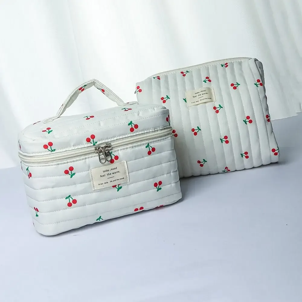 pochette à maquillage rétro à imprimé cerise, en coton matelassé, grande capacité, sac cosmétique mignon multifonctionnel, trousse de toilette, rangement pour maquillage