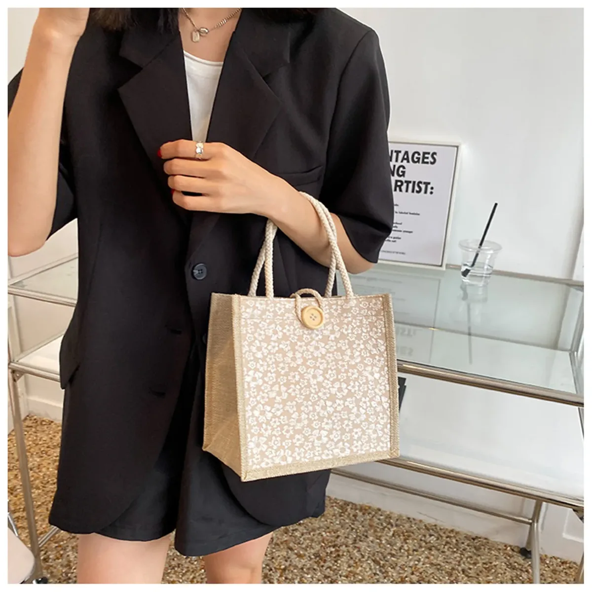 sac fourre-tout en coton à motif floral, sac à main polyvalent portable de grande capacité, sac d'emballage cadeau, sac à déjeuner, sac de shopping à boutons en lin