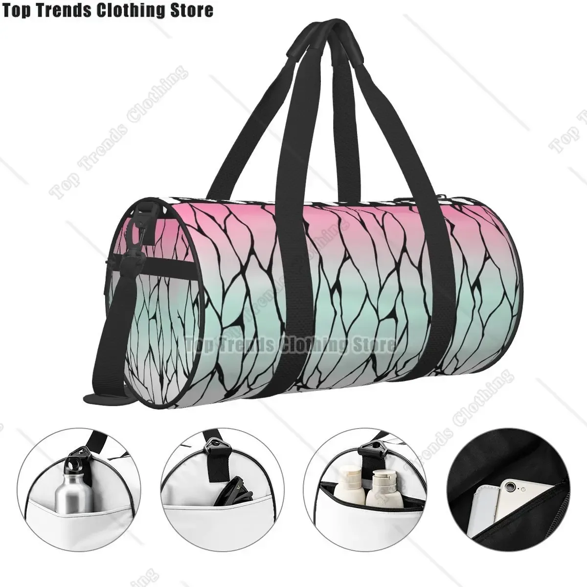 sac voyage polyester motif lignes noires couleurs pastel rose vert bleu poignée bandoulière supérieure ajustable format sport rond usage week-end fitness