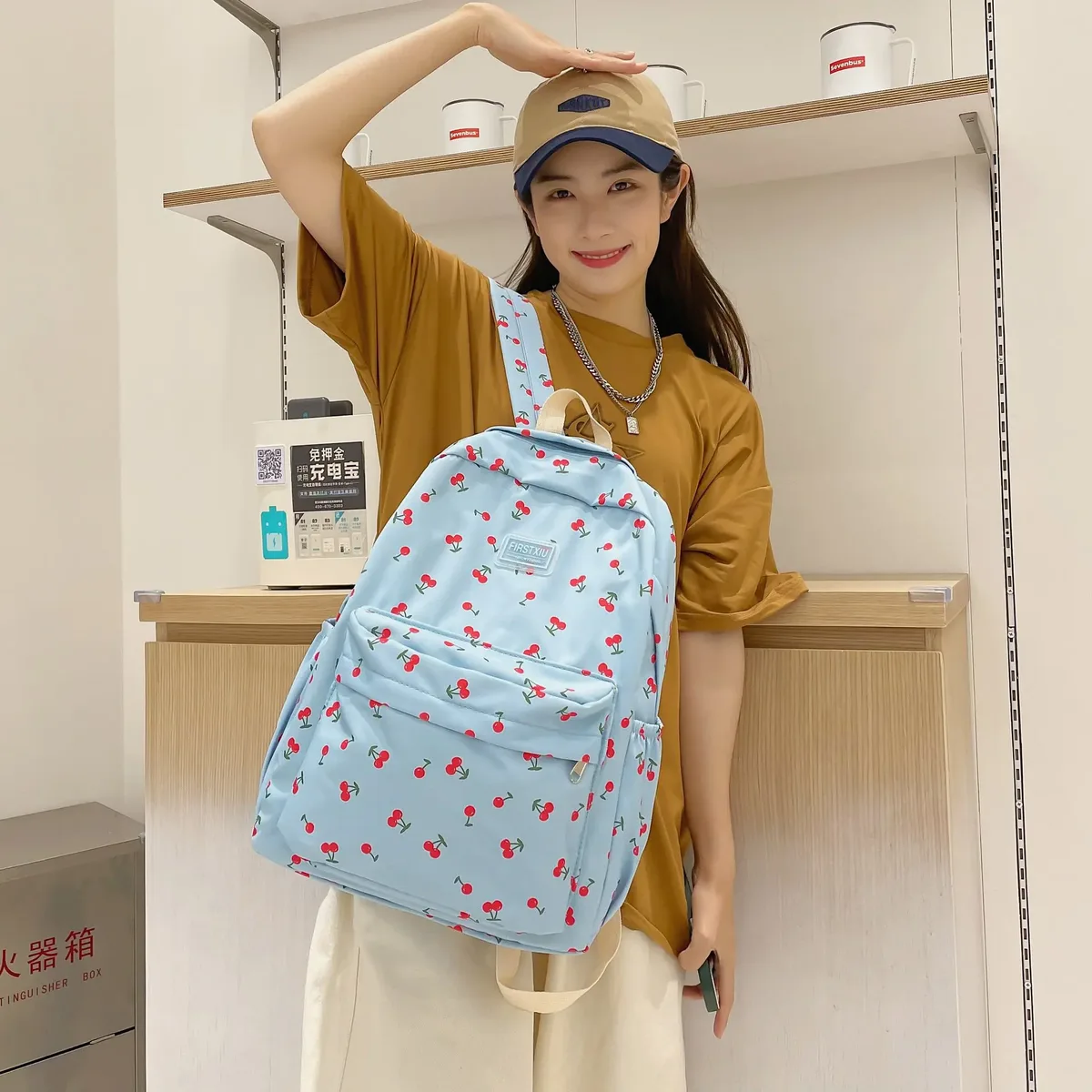 sac à dos tendance pour femmes, motif cerise, sac à dos de voyage, sangle réglable, fermeture éclair, pour le travail, le shopping, l'école
