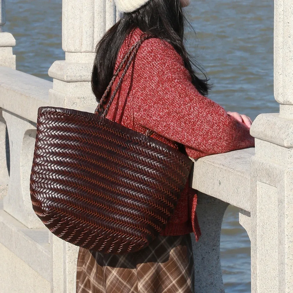 sac à main en cuir véritable pour femmes, grand sac fourre-tout vintage, sac à bandoulière décontracté, sac de shopping en cuir de vache tissé, sac bandoulière pour femmes