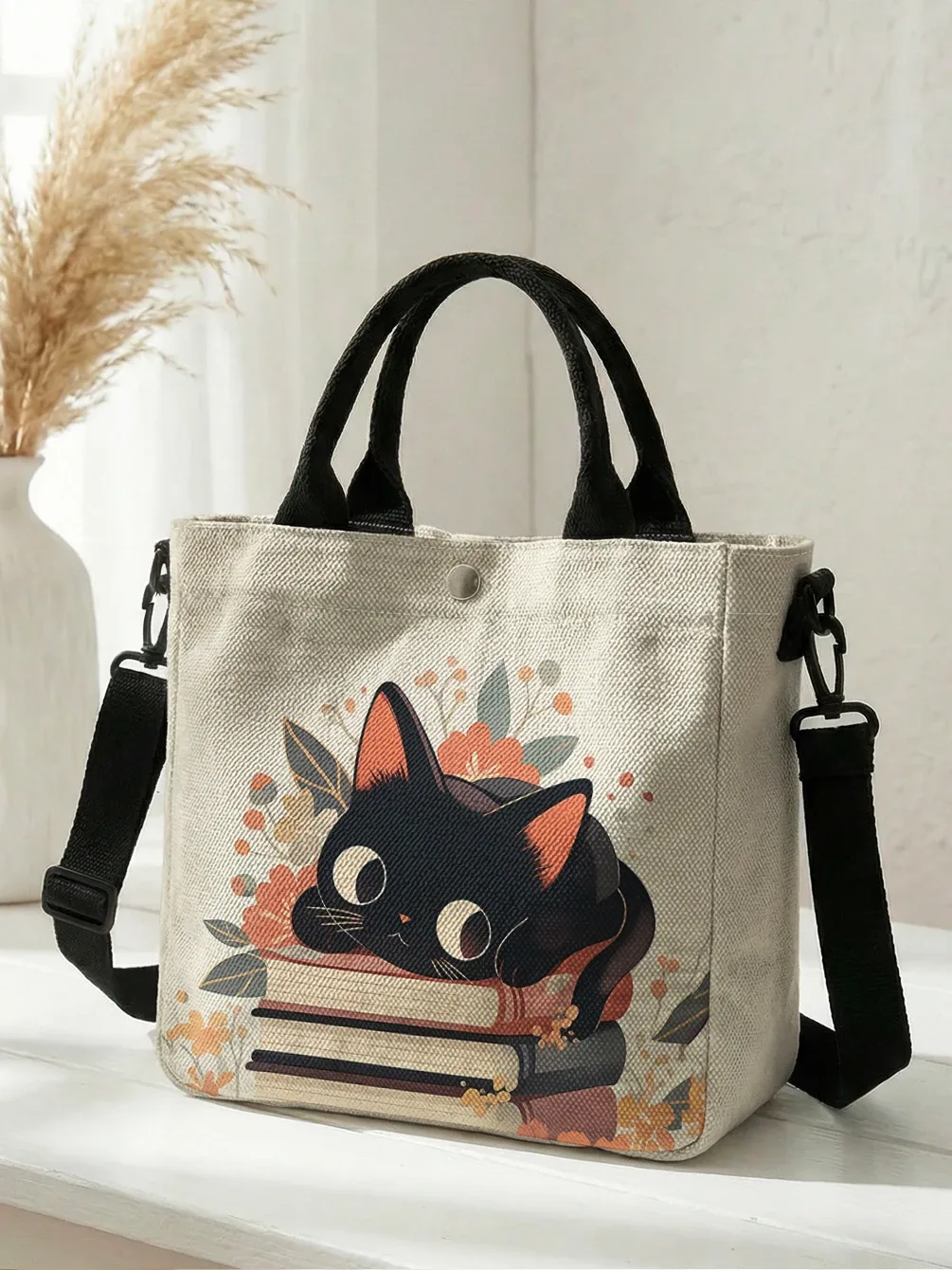 sac fourre-tout à imprimé floral avec chat noir mignon empilé sur des livres, sac à bandoulière détachable pour femme, idéal pour le shopping quotidien