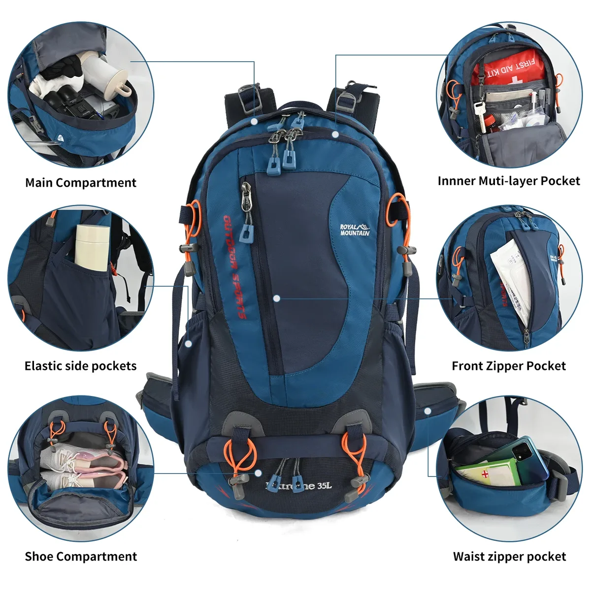 sac à dos de randonnée royal mountain 35l avec compartiment pour chaussures, tissu résistant à l'eau, support de cadre arrière, rembourrage respirant