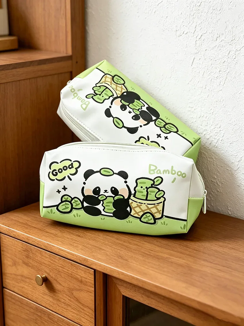 sac de rangement imprimé panda blanc et vert, pochette à fermeture éclair de grande capacité pour papeterie et cosmétiques, imperméable et résistant aux rayures