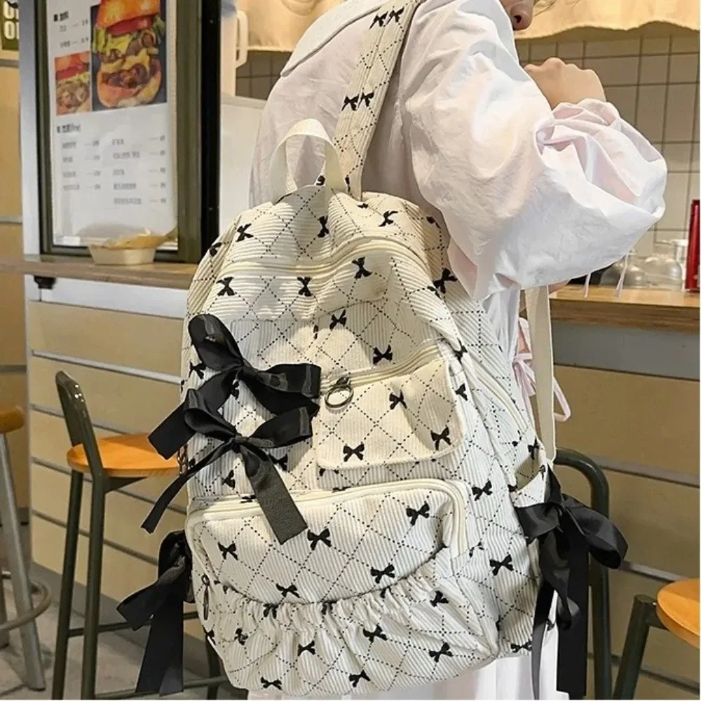 sac à dos tendance en velours côtelé avec nœud, style ins, imprimé nœud, polyvalent, grande capacité, pour étudiantes