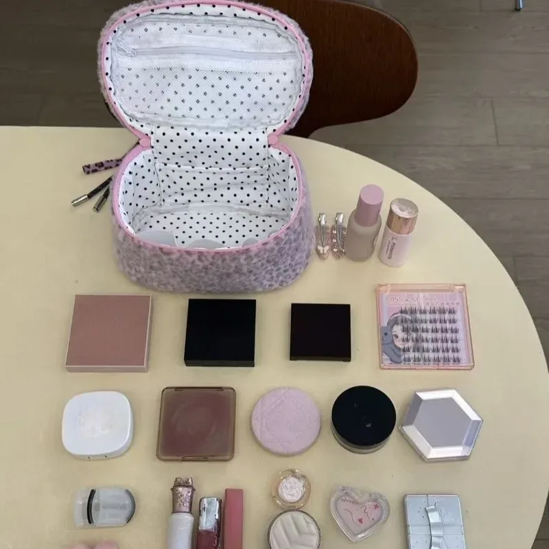 organisateur de toilette de voyage résistant à l'usure, étui de rangement mignon, sac cosmétique en fausse fourrure imprimé léopard rose, pochette de maquillage en peluche pour femmes