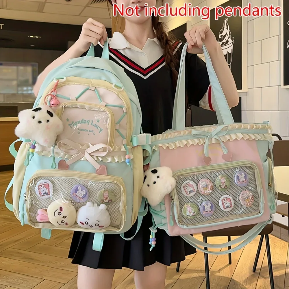 sac dos nylon unisexe pastel gris rose bleu clair motifs lapins coeurs accessoires voyage léger
