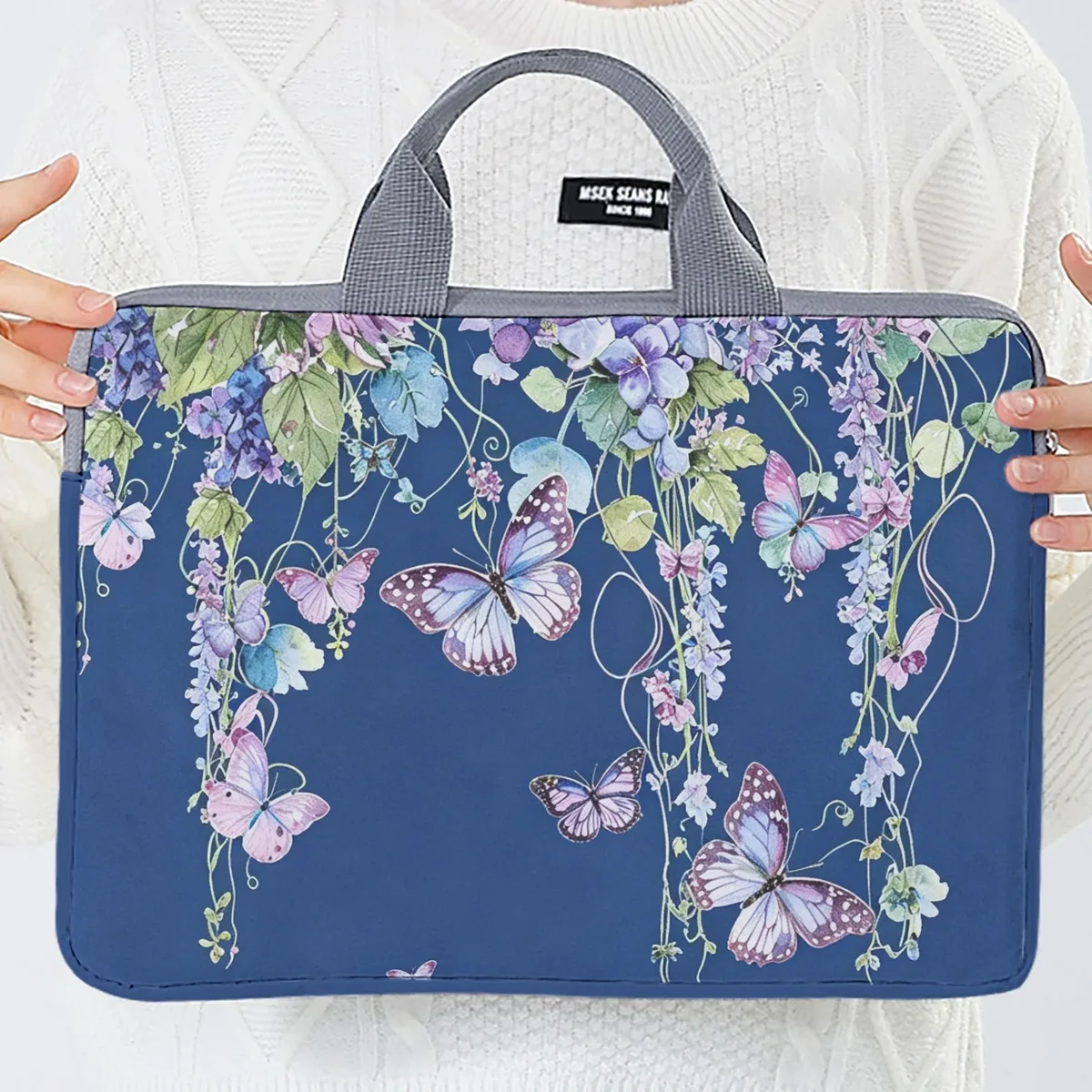 ensemble unique, deux styles, sacoche pour ordinateur portable et porte-documents motif papillon violet, convient aux ordinateurs portables de 14 pouces.