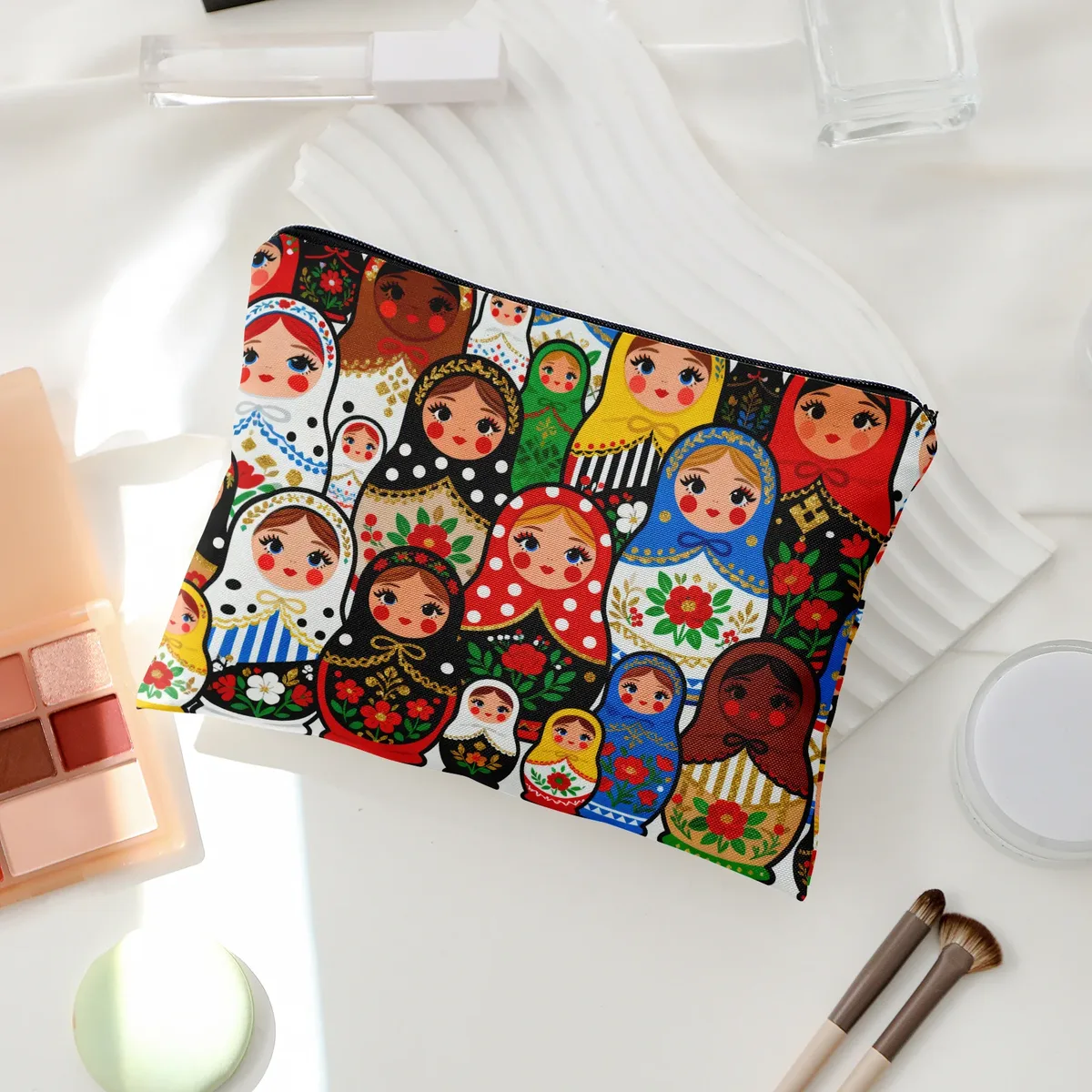 sac de rangement doublé imprimé double face avec motif de poupée matryoshka russe colorée, trousse de maquillage à motif folklorique traditionnel
