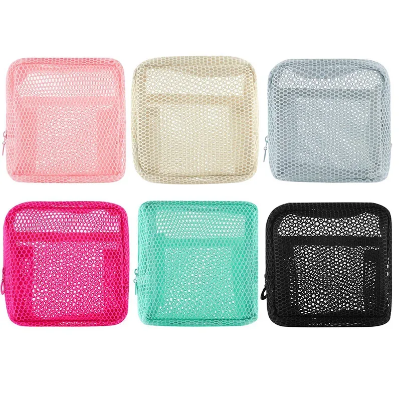 petit sac de maquillage en maille pour femmes, pochette carrée transparente et légère, organisateur de cosmétiques de voyage pour rouge à lèvres et étui à coussin