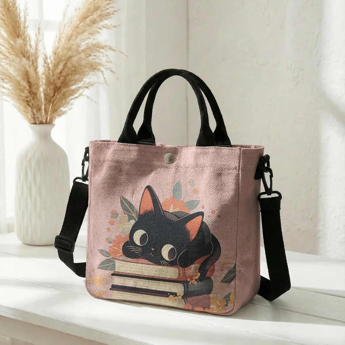 sac fourre-tout à imprimé floral avec chat noir mignon empilé sur des livres, sac à bandoulière détachable pour femme, idéal pour le shopping quotidien