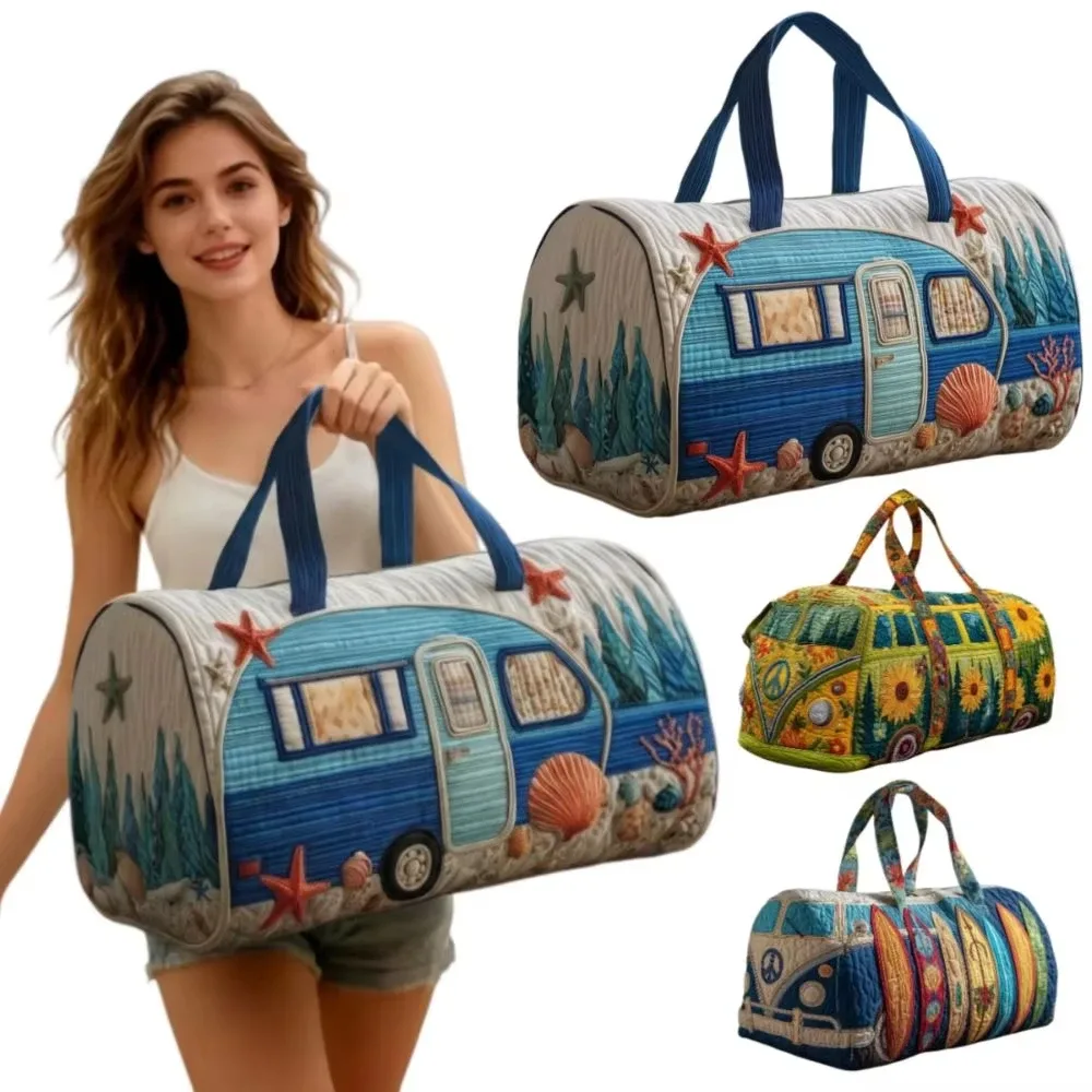 sac de voyage matelassé 3d tendance, motif bus, grande capacité, sac à main rétro bohème, sac de sport robuste pour les sorties quotidiennes