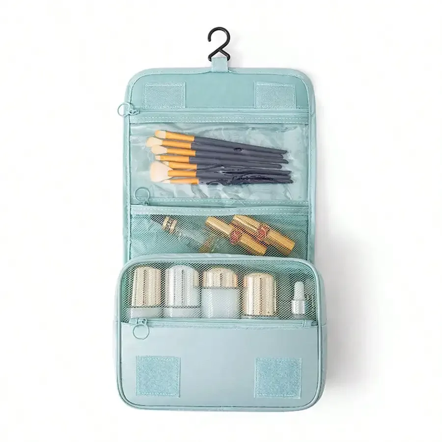 trousse de toilette de voyage de style coréen, trousse de maquillage, trousse à crochet, trousse de rangement multifonctionnelle de grande capacité avec compartiment séparé pour les articles secs et humides.