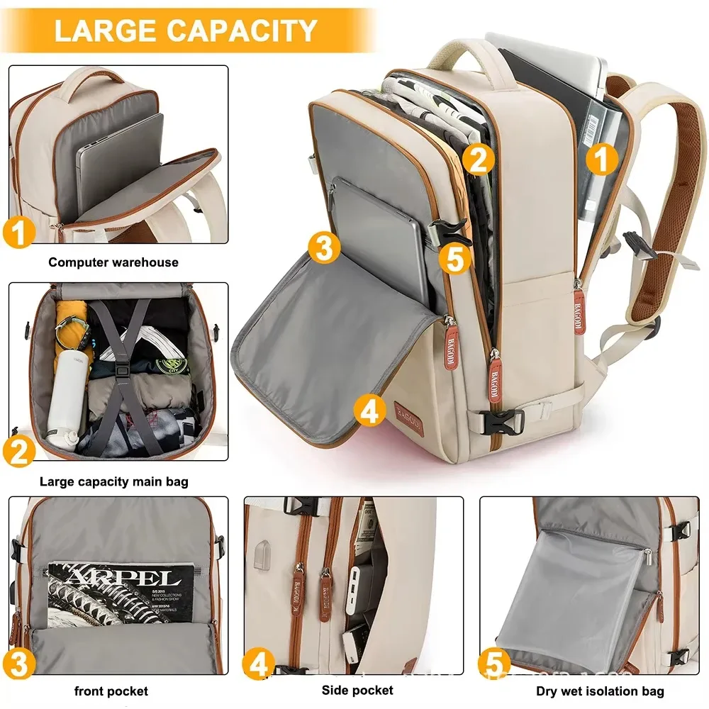 sac dos oxford beige polyester antivol doublure respirante portusb bandoulière arquée grandecapacite voyage loisir sac portable week-end