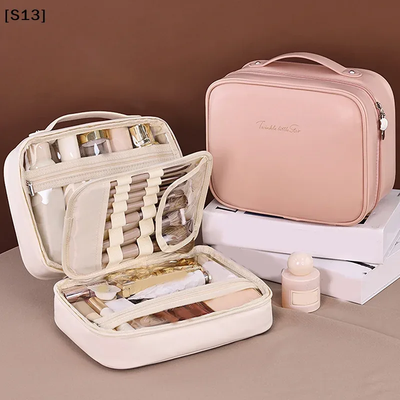 sac de maquillage de voyage double couche en cuir pu pour femmes, sac de rangement portable de grande capacité, sac de voyage étanche à fermeture éclair [q][q]q@