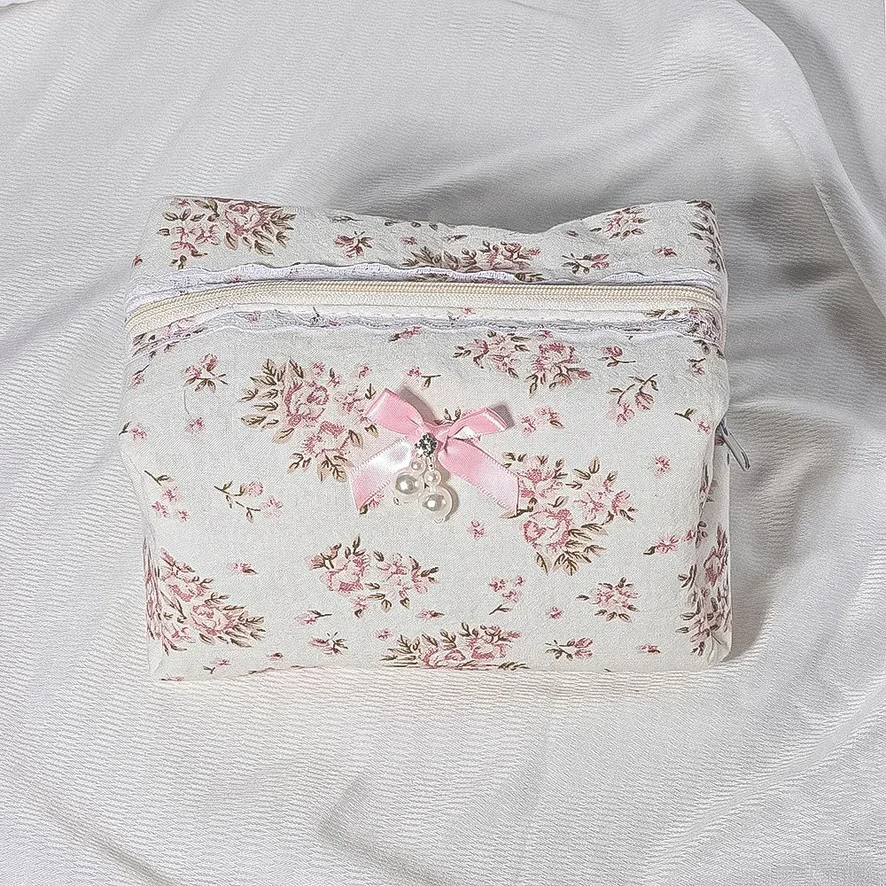 pochette cosmétique en dentelle de coton à nœud papillon floral, pochette de rangement portable pour rouge à lèvres, fermeture éclair, pour femmes, trousse de toilette de voyage