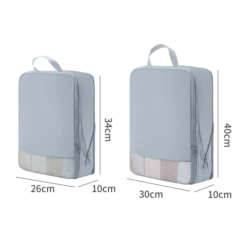 organisateur voyage polyester beige bandes verticales poignées latérales compresseur sac chaussures pochette rangement housse vêtements kaki rose
