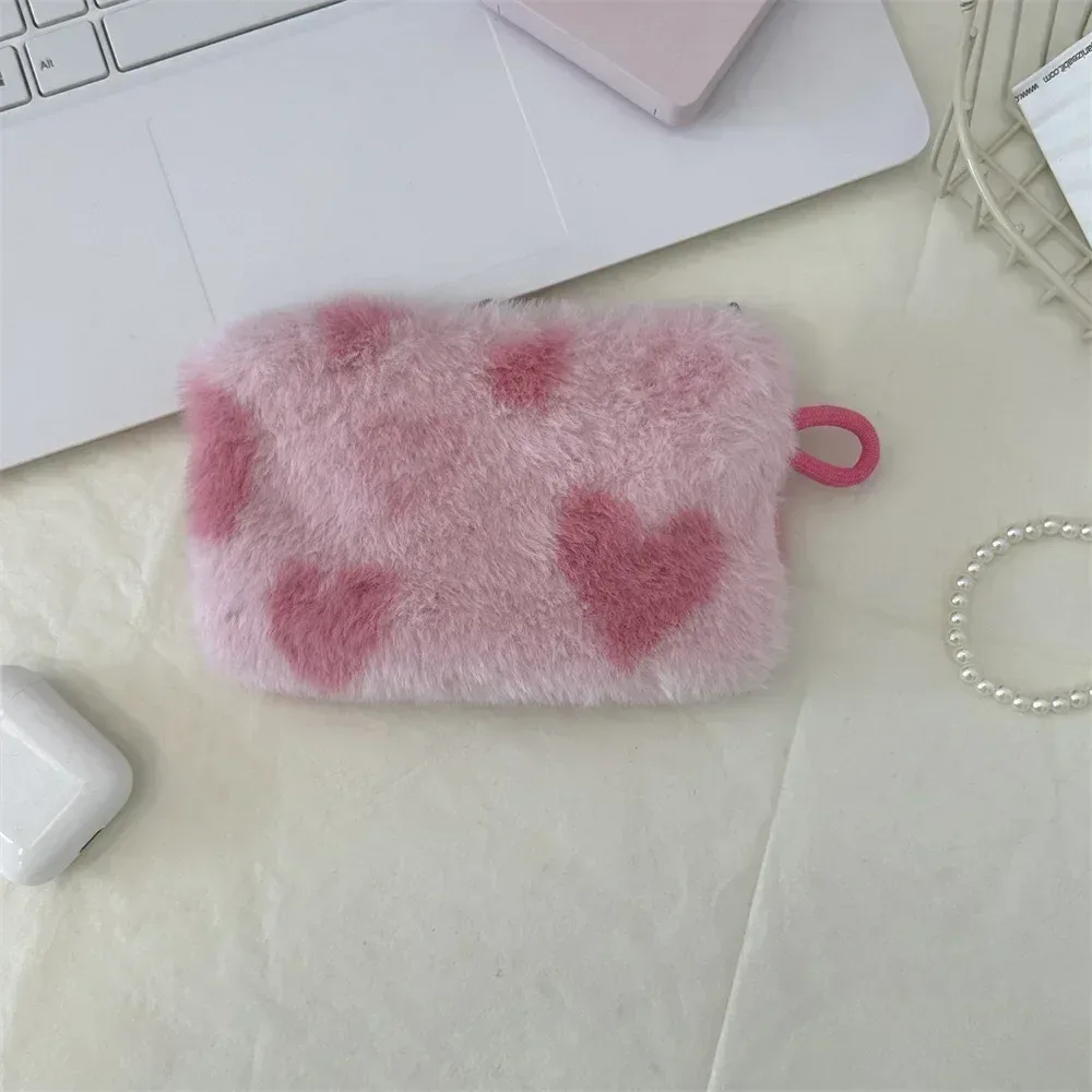 mini trousse de maquillage en peluche mignonne, portable, voyage, cosmétique, rouge à lèvres, écouteurs, carte, sac à main de rangement, pochette portefeuille pour femmes