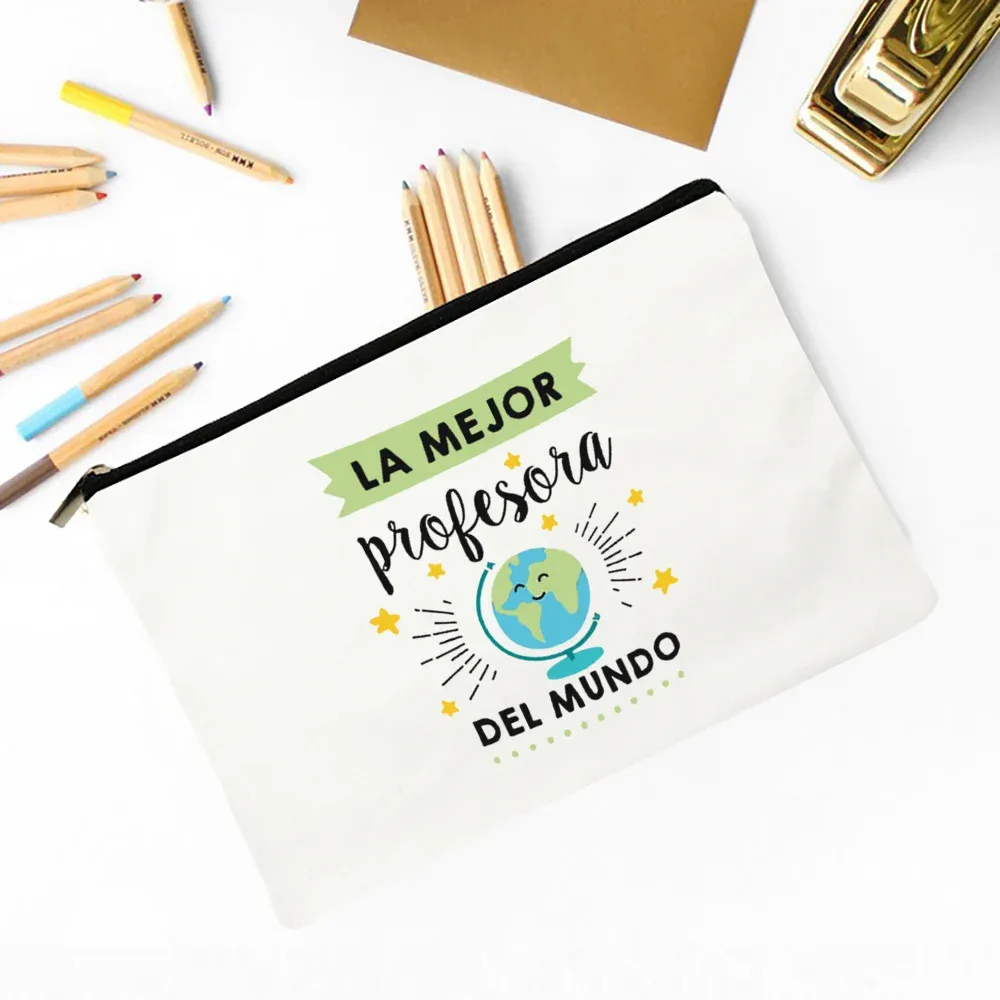 meilleur professeur du monde sac de maquillage imprimé espagnol nécessaire de voyage pochette de rangement d'articles de toilette sacs à crayons cadeau de diplômé pour enseignant