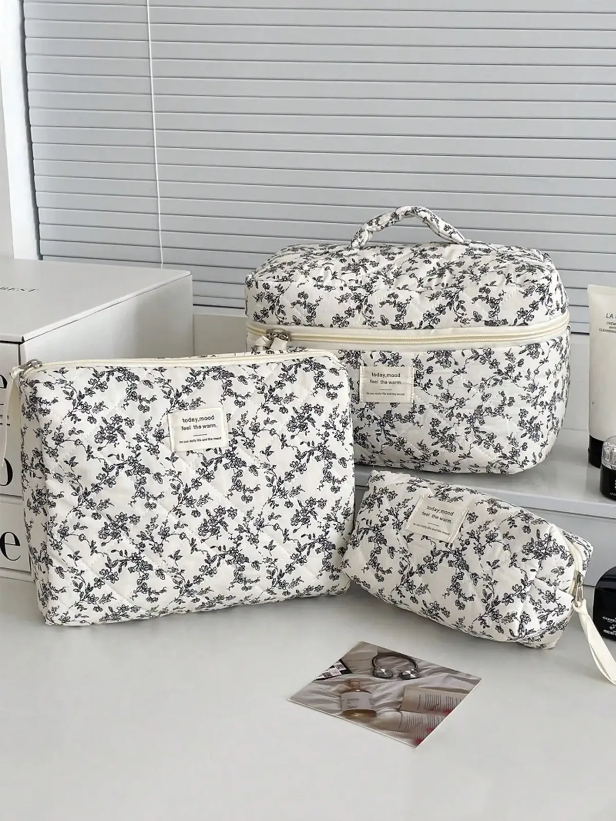trousse polyester motif floral noir matelassée voyage grande capacité cosmétiques maquillage toile transport s m xl