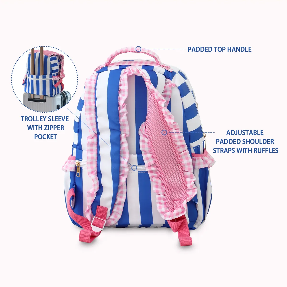 sac à dos à volants vichy pour filles, avec manches porte-crayons, multi-poches, grande capacité pour adolescents, sac à dos de voyage pour la rentrée scolaire