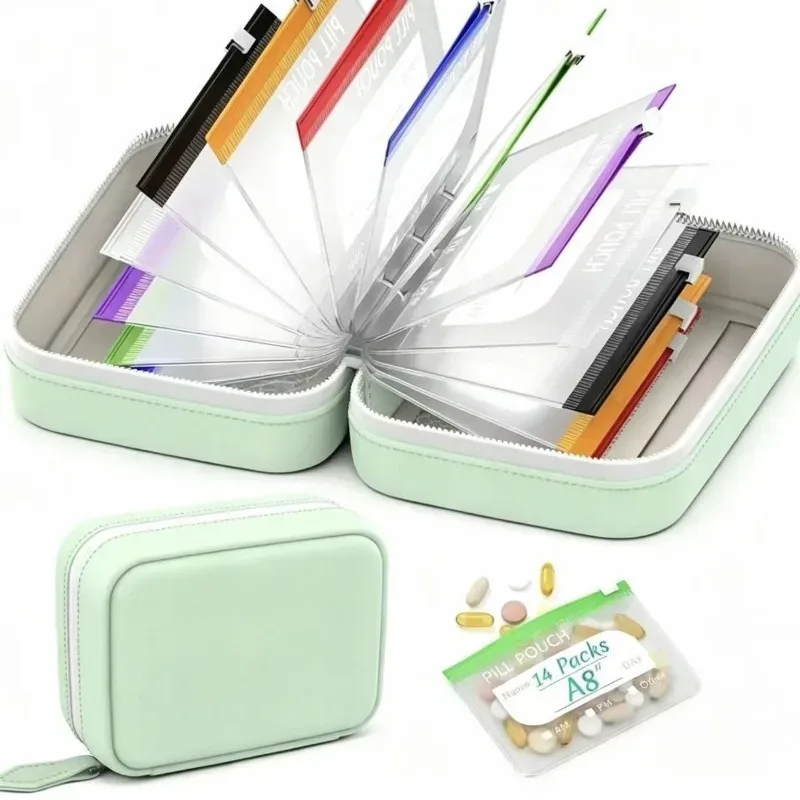 organisateur voyage pilules pochettes transparents bandes couleur assortie boîte vert pastel fermeture glissière noire imperméable