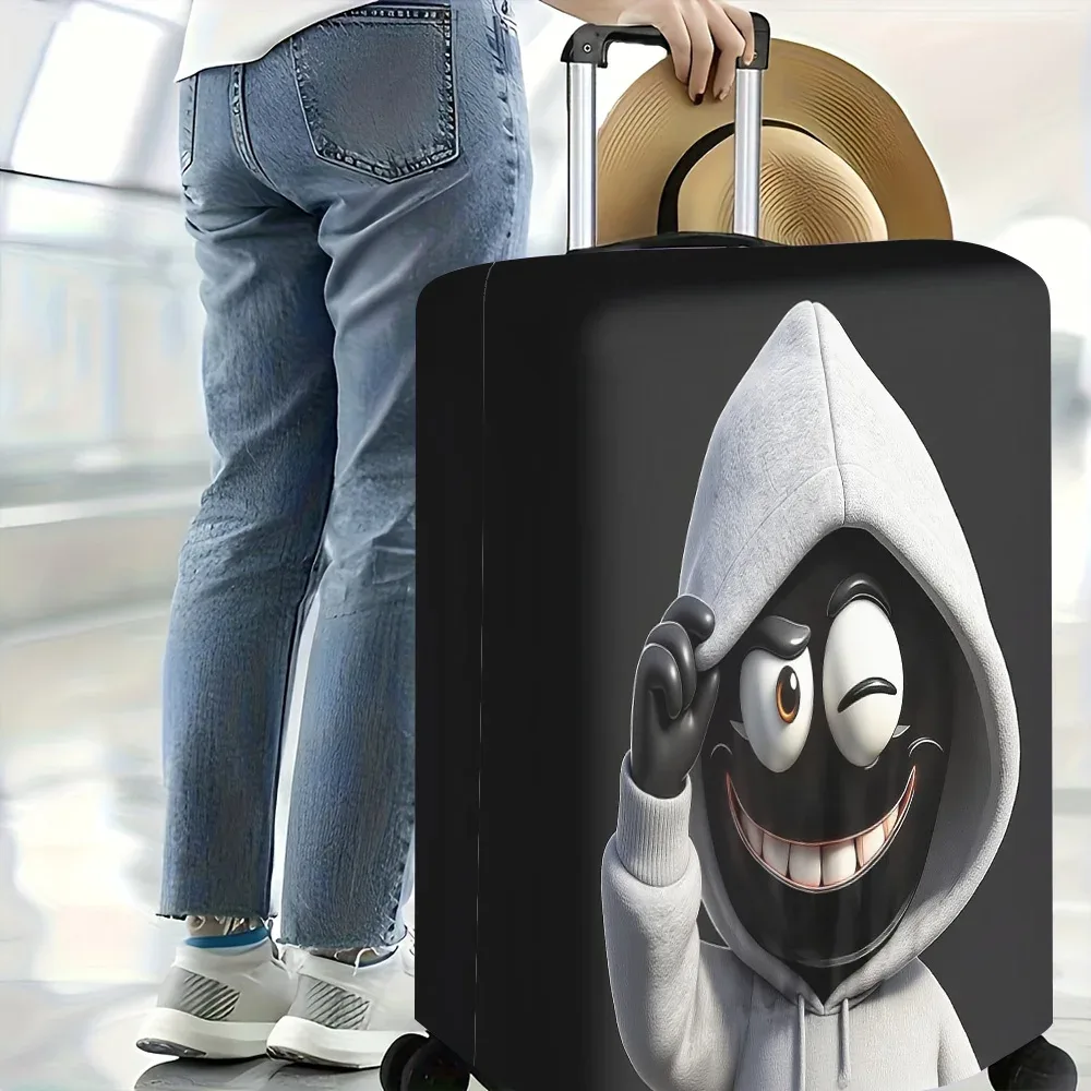 housse valise polyester design humoristique personnage souriant sweatshirt capuche fond noir roues transport protection voyager