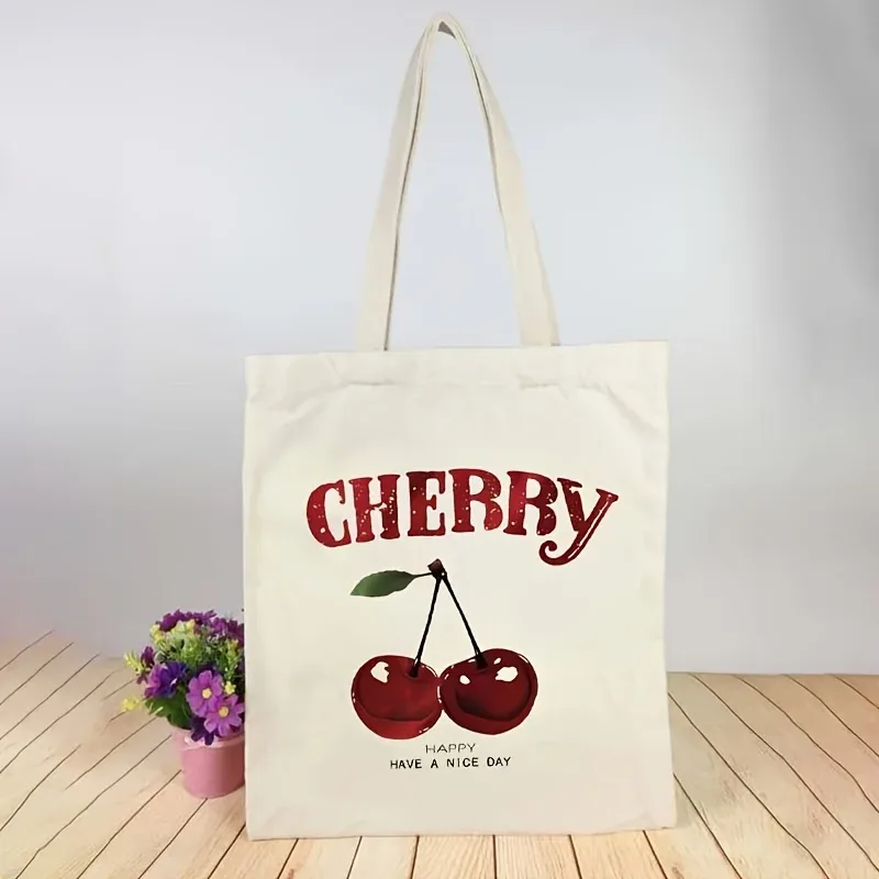 sac fourre-tout en toile à imprimé cerises tendance, sac fourre-tout réutilisable pour les courses, avec bretelles fixes, non doublé, non scellé, anti-fa