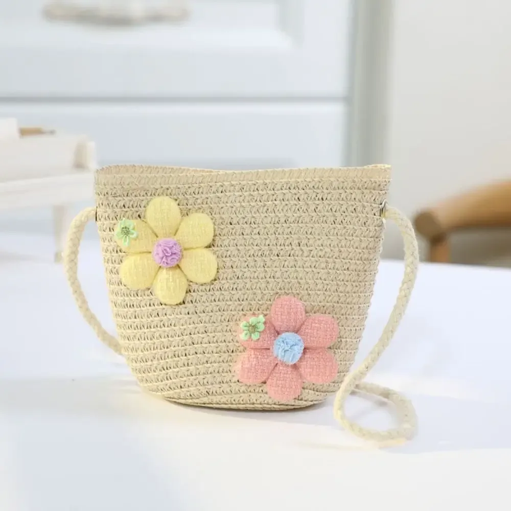 sac à main en paille tissé à la main pour fille, porte-monnaie à fleurs, sacoches à fermeture éclair pour enfant, accessoires photo, panier de rangement, sac à main à bandoulière