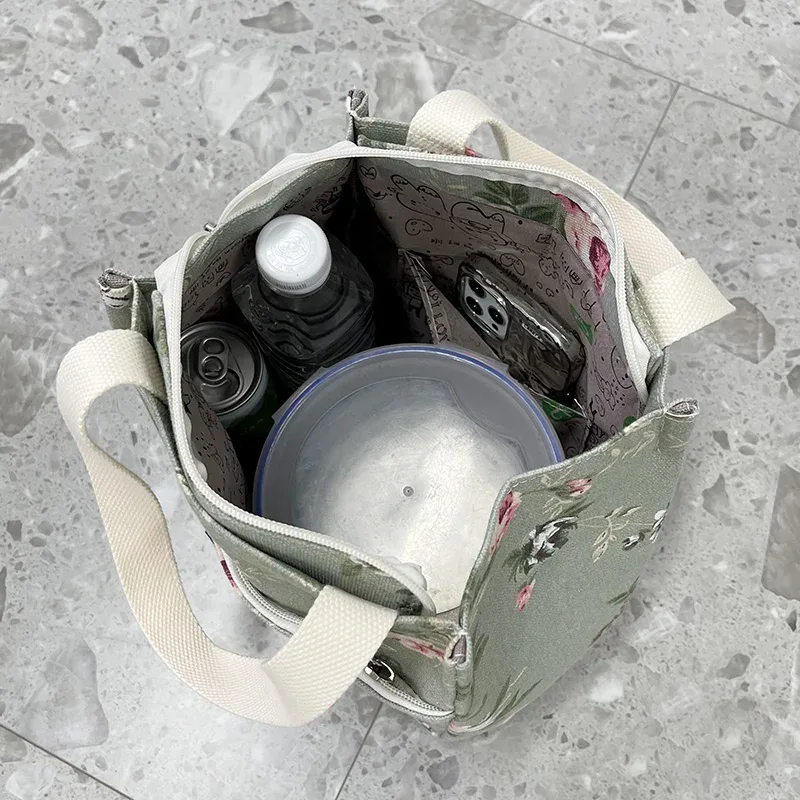 nouveau sac à main en toile imprimé de fleurs, sac de travail portable multi-poches avec fermeture éclair semi-fermée, sac de rangement quotidien, sac à bento.