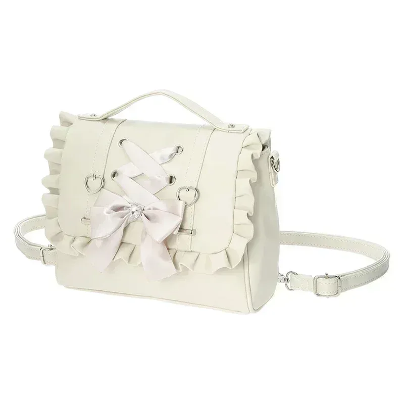 sac en cuir pu sweet lolita, sac à bandoulière avec nœud en cœur, style scolaire kawaii y2k jk, rose blanc noir, cadeau kawaii pour filles