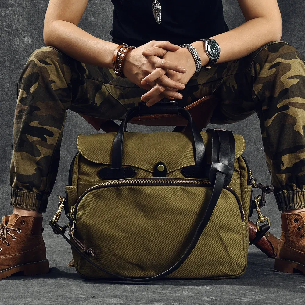 mallette d'affaires vintage en cuir véritable pour hommes, sac à main de voyage en plein air, sac de messager pour ordinateur, sac de travail, toile de haute qualité, 15 po
