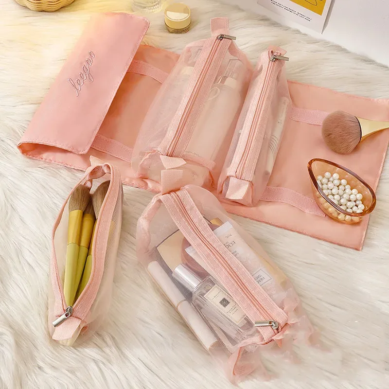 nouveau sac de maquillage pour femmes 4 en 1, sacs de rangement pliables et détachables en maille de nylon, sac de toilette cosmétique de voyage portable de grande capacité