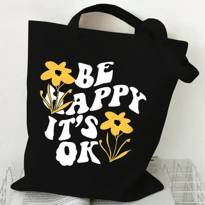 sac fourre-tout en toile à motif floral, sac de shopping réutilisable avec citation inspirante imprimée, sac à main écologique pour étudiantes, sac à bandoulière pour femmes