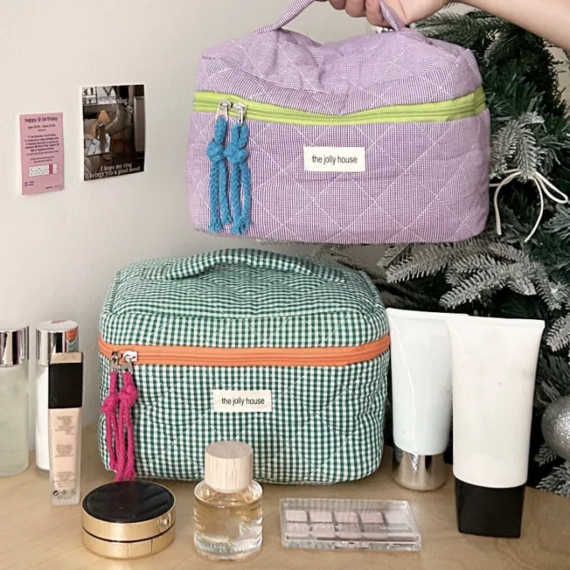 sac de maquillage à carreaux bloquant les couleurs pour femmes, sac de rangement pour pinceaux de maquillage de grande capacité, trousse de toilette pour soins de la peau