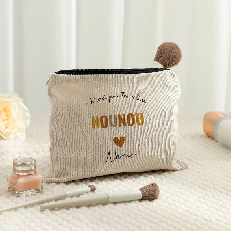 sac de maquillage personnalisé avec nom, lettres fleuries, motifs nounou, pochettes de toilette de voyage, nounou mère femmes, cadeau de remerciement de noël