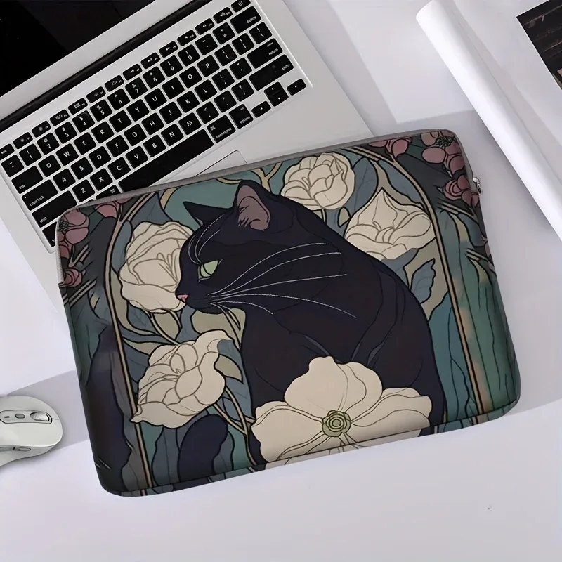 housse ordinateur portable impression chat noir fleurs polyester protection voyage travailler transport document travail